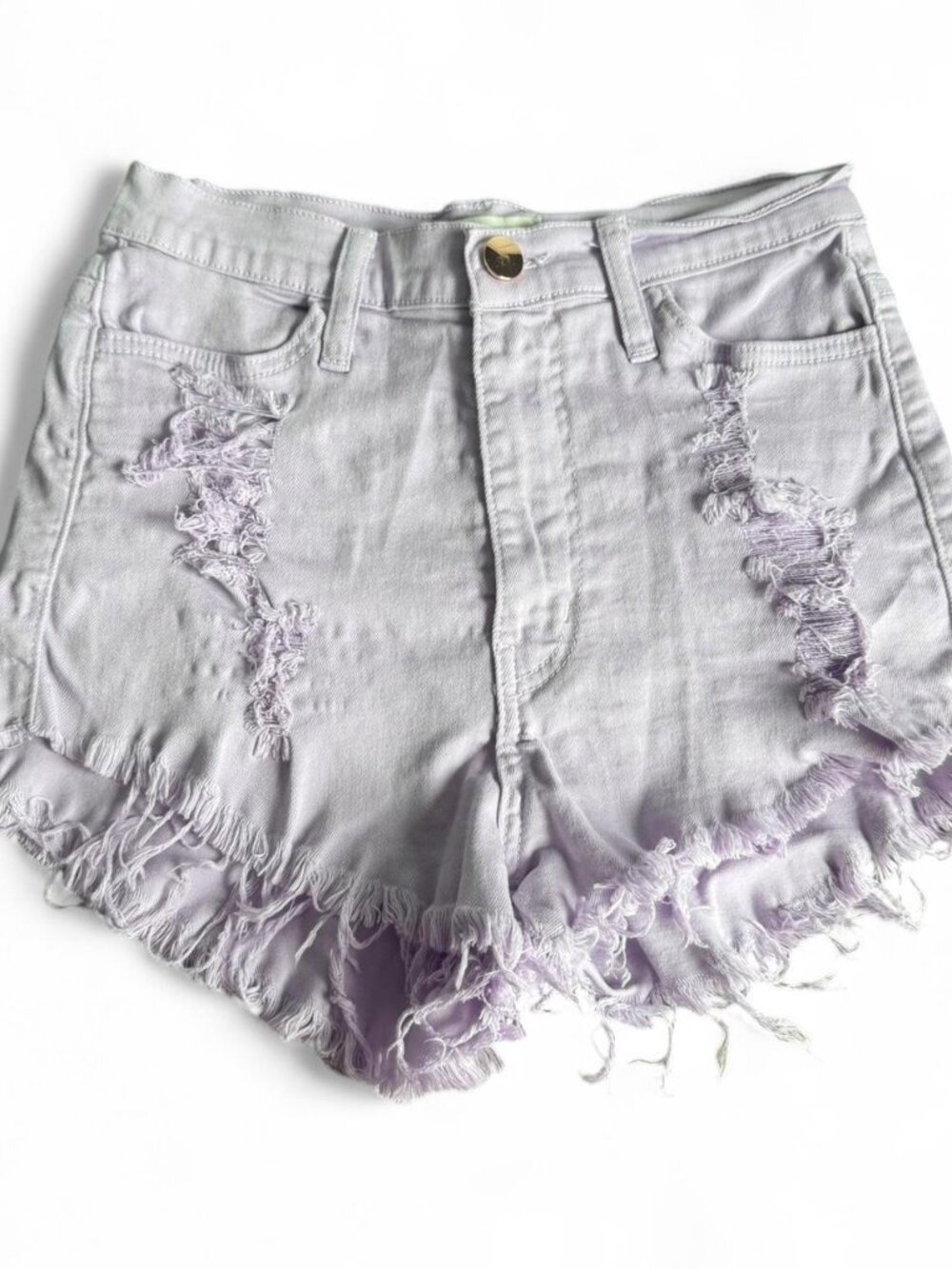 Vibrant MIU Lavender denim shorts with frayed hem